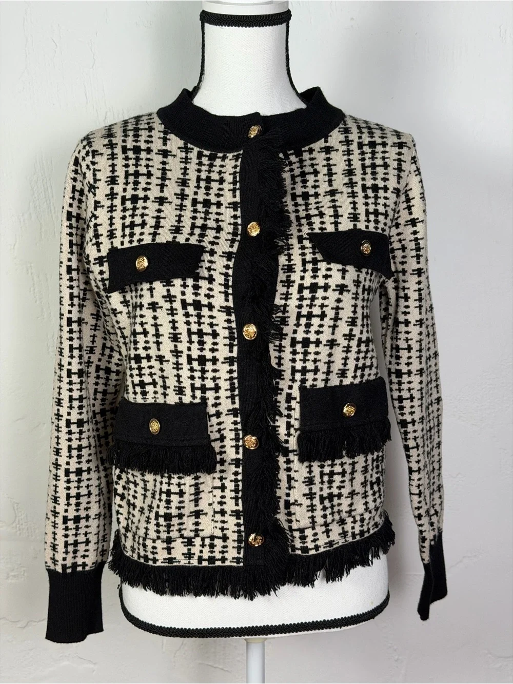 Luxury Black & Cream Tweed-Style Fringe Knit Cardigan with Hold Buttons- Perfect